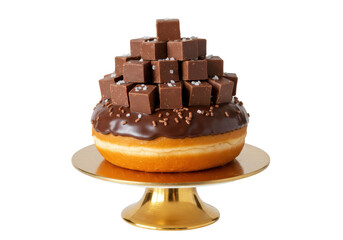 Isolated Exquisite Donut Tower Adorned with Chocolate Cubes on Golden Stand