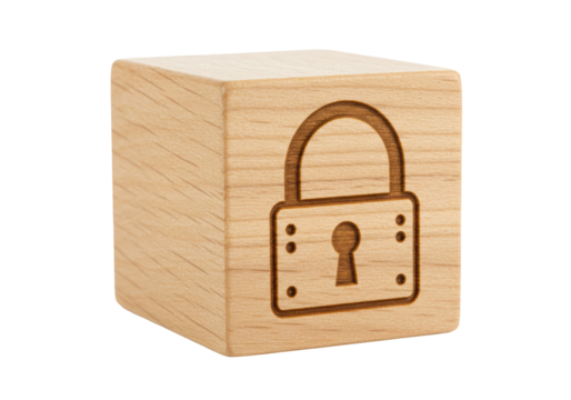 Isolated Wooden Block with Lock Symbol Engraved Security Concept