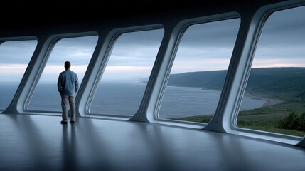 person stands quietly, admiring the expansive ocean view framed by large, modern windows. stormy sky above adds a dramatic touch to the serene coastal landscape at dusk