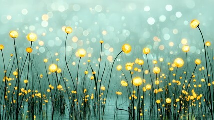 Enchanting Illuminated Flora: An artistic rendering of radiant yellow flowers, their illuminated blooms set against a soft, dreamy backdrop. conveying elegance and natural beauty.