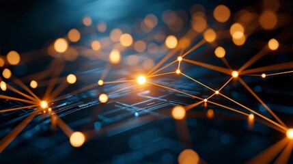 Abstract Network of Connections: A dynamic illustration of interconnected points forming a web of communication and technology, bathed in a vibrant, futuristic glow. 
