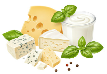 Isolated Variety of Cheese and Basil Leaves Gourmet Display