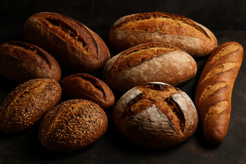 Obraz premium Assorted breads and rolls on a black surface, displayed in an organized manner, showcasing different textures and shapes for a bakery concept.