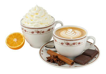 Isolated Two Elegant Coffee Cups with Chocolate and Orange Slice