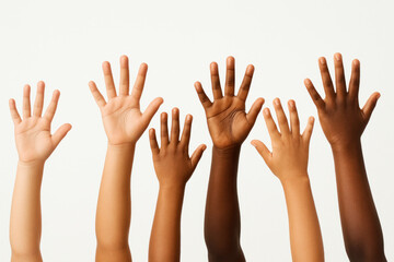 Many hands raised up at a protest, diverse crowd showing unity and support, banners and flags waving, a powerful display of solidarity for a cause.