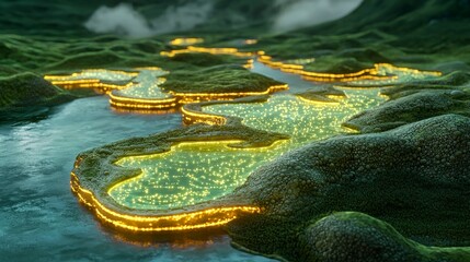Glowing Landscape of Terra: A surreal and captivating view of an imagined landscape, the rolling hills, river. Glowing with an ethereal luminescence that hints at a world of wonder and mystery.