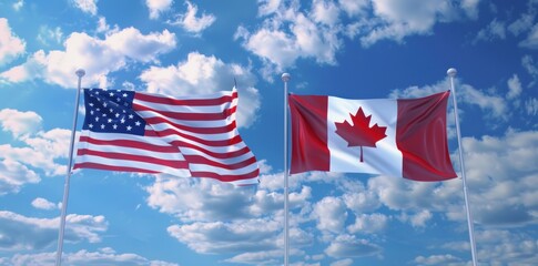 Obraz premium Canadian and American flags waving high in the sky