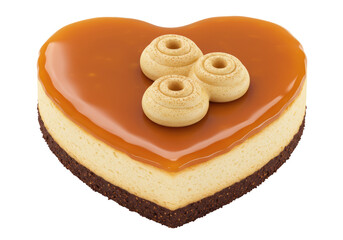Isolated Heart-Shaped Cheesecake with Caramel Glaze and Cream