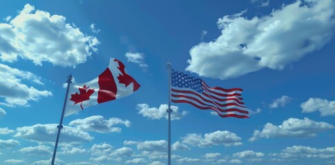 Fototapeta premium Canadian and American flags waving high in the sky