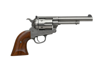 Isolated Silver Revolver with Wooden Grip and Detailed Engravings