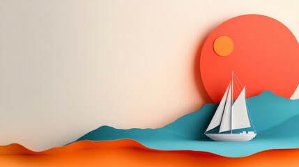 Seascape Sail: A paper-cut seascape with a sailing boat, sun, and ocean. It is a visually appealing and artistic illustration of a peaceful scene.
