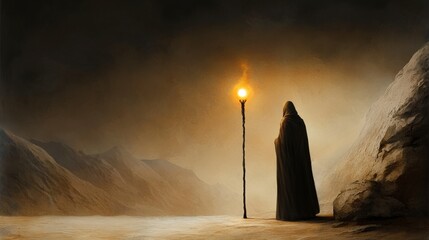 Solitary Figure with Torch: A hooded figure stands alone, silhouetted against a mysterious, dimly lit landscape, holding a flickering torch. The scene evokes a sense of mystery and solitude. 
