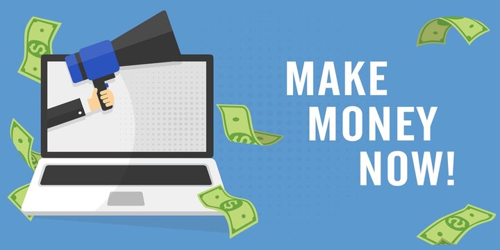 Schermo del notebook per laptop. Megafono con mano. FAI SOLDI ORA testo nella bolla vocale. Illustrazione