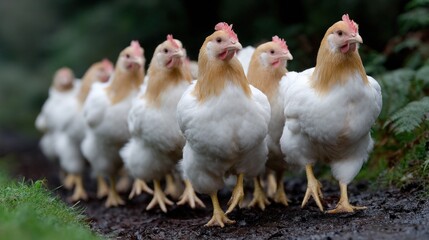 Fototapeta premium group of chickens moves in a line along a dirt path bordered by lush vegetation. sun shines down, illuminating their white feathers as they foraging together in a natural setting