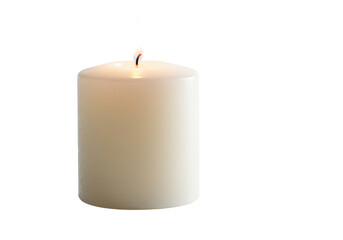 Isolated White Pillar Candle with Flickering Flame