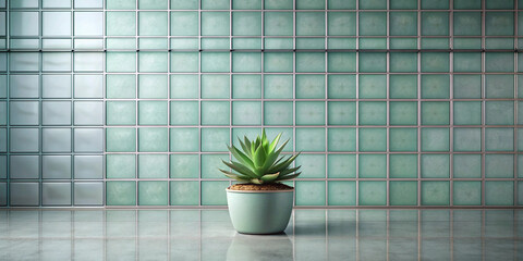 Modern minimalist interior with green glass block wall and succulent