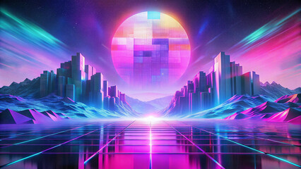 Retro futuristic cityscape with pixelated moon and aurora