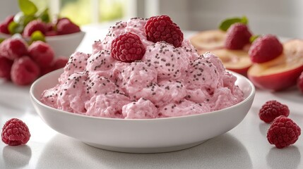 Pink raspberry dessert with chia seeds
