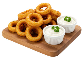 Isolated Plate of Onion Rings with Dipping Sauces
