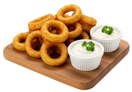 Isolated Plate of Onion Rings with Dipping Sauces