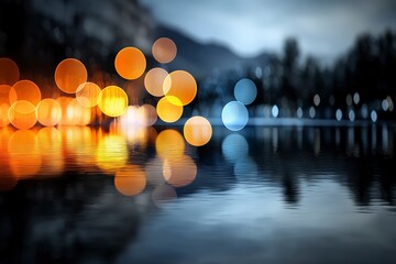 Night Lights Reflection: Captivating bokeh lights reflected on a calm water surface at night, creating a dreamy and serene atmosphere.