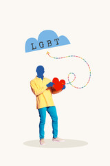 Trend image vertical photo collage of anonym man invisible head hold heart icon colorful arrow pointer lgbt tolerance orientation