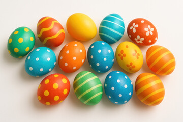 Obraz premium Colorful designs cover Easter eggs, arranged in a basket on a grassy field for a festive and joyful holiday celebration.