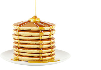 Isolated Stack of Pancakes with Syrup Drizzled Golden Breakfast