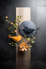 Artistic Bird Duo: Decorative wooden artwork featuring a stylized pair of birds perched among floral accents and a dark backdrop, offering a sense of artistic elegance and modern design.