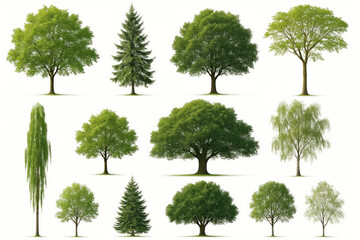 Fototapeta premium Group of colorful trees in a sunny forest clearing, with vibrant green foliage and a clear blue sky background.