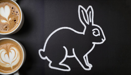 Obraz premium Rabbit outline next to two cups of coffee on a dark surface 