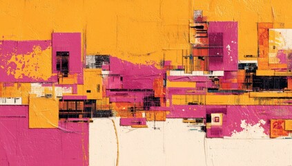 Abstract painting of geometric shapes in vibrant yellows, pinks, and whites