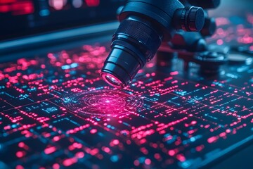 Futuristic Digital Technology Scene with Microscope and Data Visualization for Scientific Research
