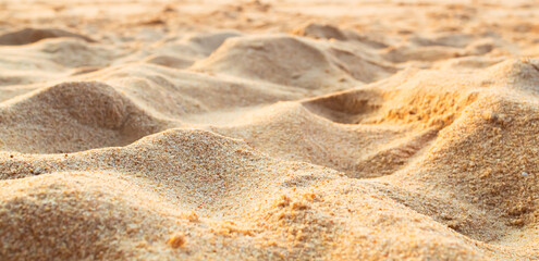 Nature travel background, sand beach close up texture summer desert zen garden coast ocean for vacation, hot tropical scene nature, holiday dune pile dry brown heap