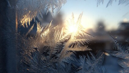 Frozen glass patterns, sunlit frost