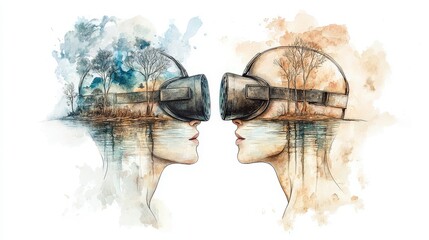 VR Reality Experience: A conceptual image of a woman wearing virtual reality headset, blending the physical world with virtual environment using watercolor effect.