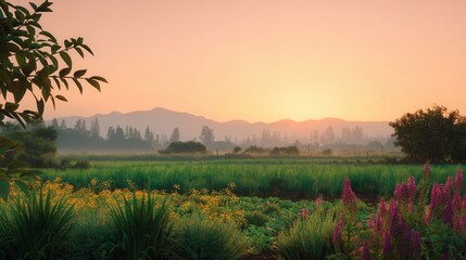 Obraz premium Sunrise Over a Biodiverse Organic Farm with Vibrant Foliage