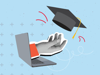 Black and white hand extending from laptop screen tosses college cap. Degree ceremony concept. Online education. Modern collage style. Vector illustration