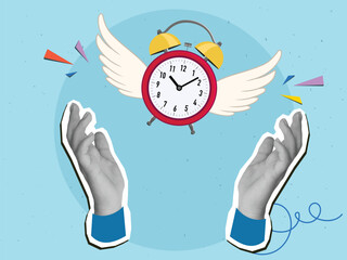 Hands with a red classic alarm clock flying on wings. Modern collage style. Vector illustration