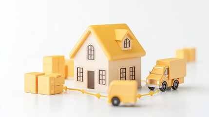 Delivery Service Illustration: An evocative illustration captures the essence of seamless delivery service, showcasing a miniature house and delivery trucks. Boxes form a chain.