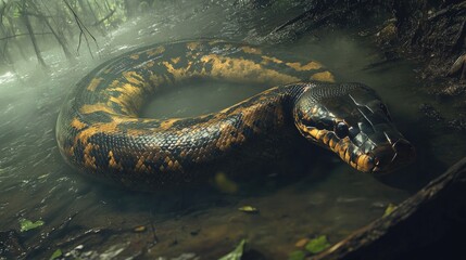Giant snake coils in a misty forest stream