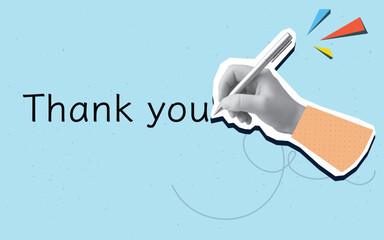 A black and white hand writes an inscription Thank you. Modern photo collage style. Vector illustration