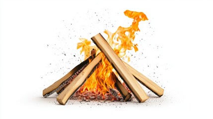 Campfire on White: A vibrant bonfire crackles with intense flames, logs burning brightly against a stark white backdrop, creating a striking contrast.