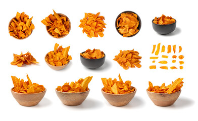 Dry carrot chips isolated, dried sliced red vegetable, healthy crispy snack flakes pile