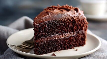 Decadent Chocolate Cake Slice with Rich Frosting on a White Plate