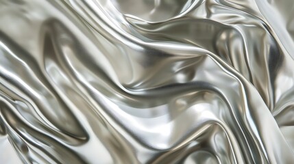 Silver Metallic Fabric Background with Dynamic Draping and Light Reflections