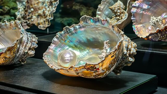 Close-up of several large, open abalone shells displaying iridescent interiors. The shells are arranged on a dark surface, highlighting their natural beauty. Generative 4k video.