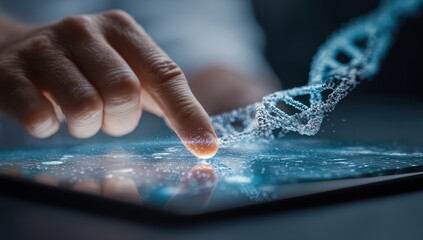 Finger touching DNA on tablet