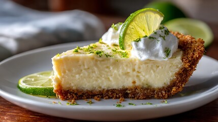 Slice of Key Lime Pie with Whipped Cream and Lime Garnish