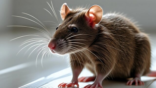 Close-up of a brown rat indoors with natural light. Ideal for themes of hygiene, pest control, scientific research, urban wildlife, or pet rodents in modern environments